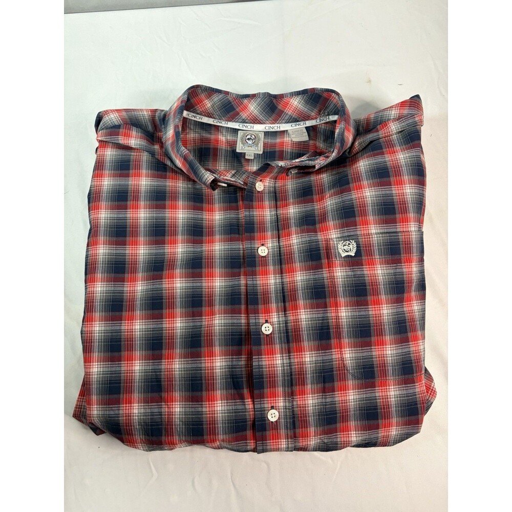 Cinch Western Button Shirt Men XXL Red Plaid Cowboy Rodeo Logo Pocket Very Nice